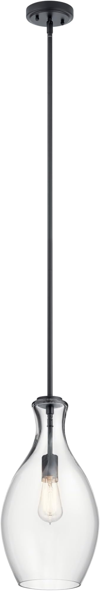 Kichler Everly Single Pendant Light Fixture, 1-Light 100 Watts Hanging Kitchen Island Light with Clear Glass Shade in Black for Dining Room (8.75" x 17.75"), 42047BK