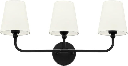 Bathroom Light Fixtures, 3-Light Matte Black Vanity Lights with Flared Beige Fabric Shade, Vintage Sconces Wall Lighting for Hallway Bedroom, VL837-MB-B-3