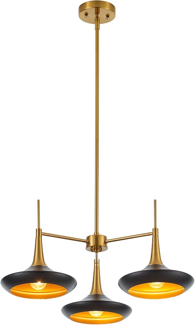 3-Lights Modern Chandelier,Black and Brass Chandelier for Dining Room Living Room,Mid-Century Pendant Light Fixtures,Industrial Hanging Light Fixture,E12