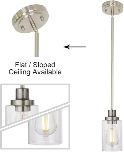 MELUCEE Mini Pendant Lights Brushed Nickel 1-Light with Clear Glass Shade, Contemporary Modern Light Fixtures Ceiling Hanging for Dining Room Kitchen Island Sink