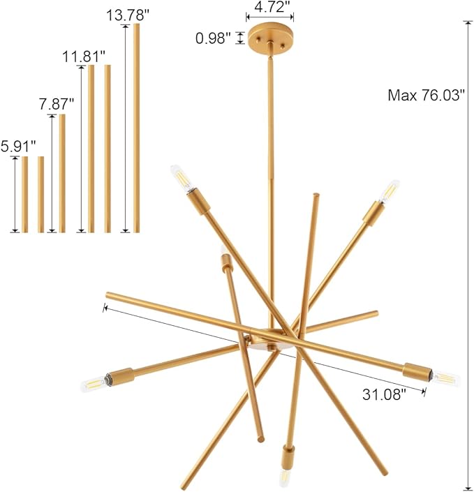 VILUXY Contemporary Chandelier Lighting Fixture 6-Light Antique Brass Brush Paint Finish Mid-Century Pendant Lighting for Dining Room Bedroom Kitchen Living Room