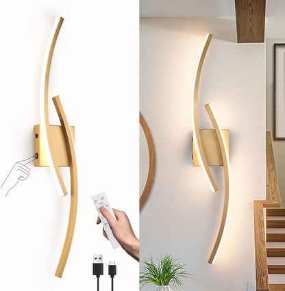 Battery Operated Wall Sconce,Gold Wall Sconces with Remote Control,3000K-6000K Modern LED Wireless Wall Light for Living Room, Hallway, Bedroom, 39.3 Inch