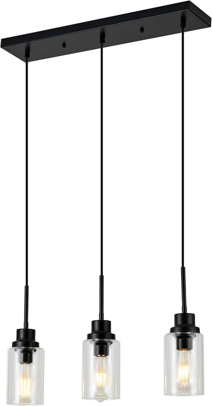 3-Lights Pendant Light Fixtures, Modern Black Kitchen Island Lighting with Clear Glass Shade, Adjustable Hanging Ceiling Lamp