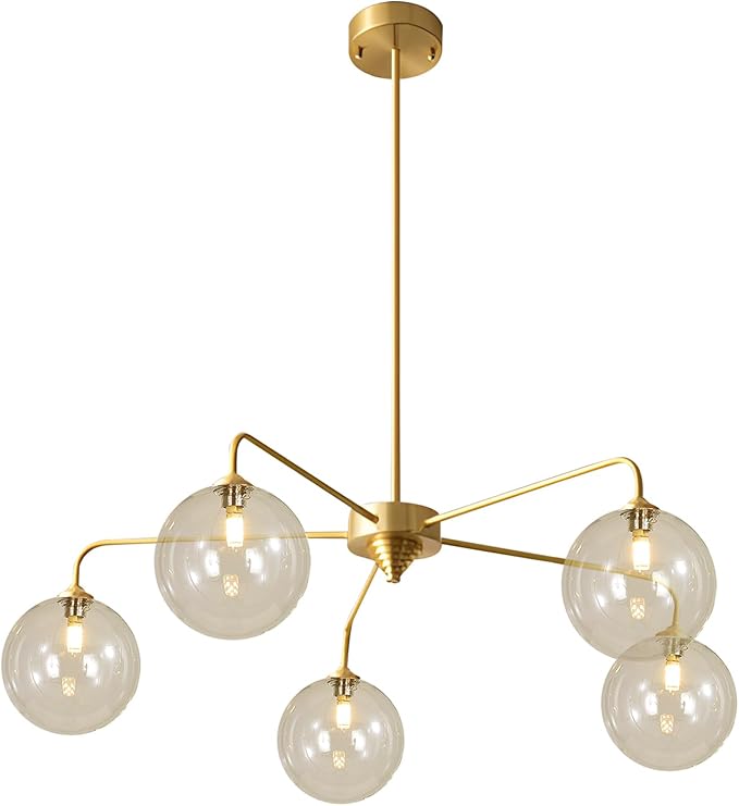 Mid Century Modern Sputnik Chandelier Brass Gold Chandelier Cognac Clear Glass Globe Sputnik Chandelier for Kitchen Dining Room Bedroom