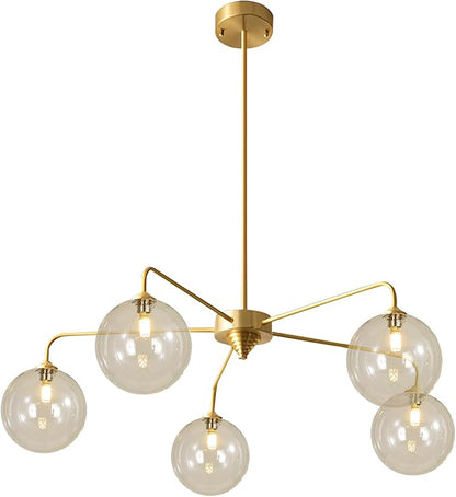 Mid Century Modern Sputnik Chandelier Brass Gold Chandelier Cognac Clear Glass Globe Sputnik Chandelier for Kitchen Dining Room Bedroom