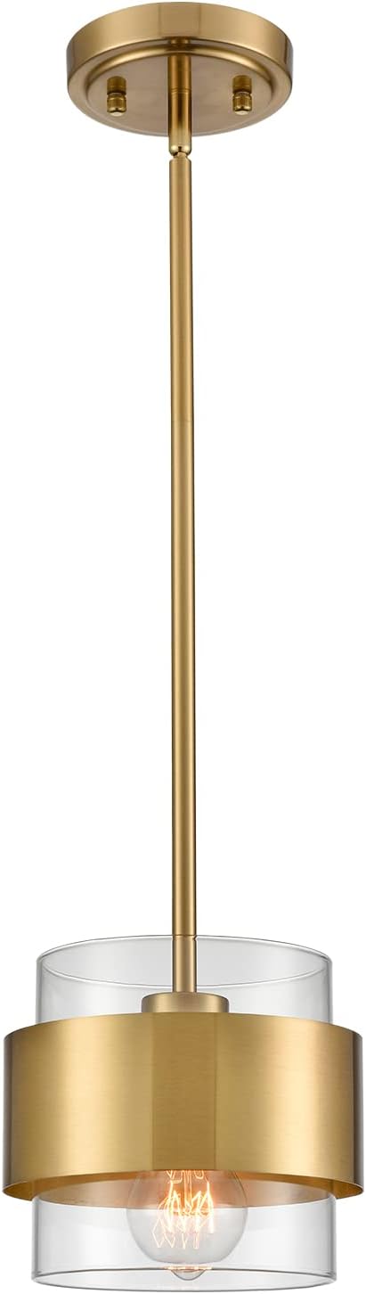 CLAXY Gold Pendant Light Mini Hanging Kitchen Pendant Lighting with Clear Cyliner Shade for Kitchen Sink Dining Bathroom, Adjustable Hanging Rods