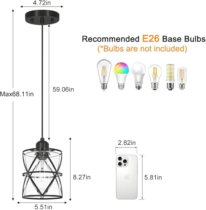 DSMJFU 2 Pack Black Pendant Lights, Modern Clear Glass Adjustable Hanging Lighting for Kitchen Island Bedroom Bathroom Entryway Hallway, E26 Base Ceiling Pendant Light Fixtures