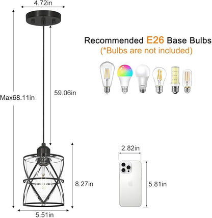 DSMJFU 2 Pack Black Pendant Lights, Modern Clear Glass Adjustable Hanging Lighting for Kitchen Island Bedroom Bathroom Entryway Hallway, E26 Base Ceiling Pendant Light Fixtures