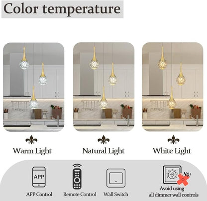 Flashing God 3 Pendant Lights Gold Farmhouse Light Fixtures Kitchen Island Lighting Small Crystal Hanging Chandeliers Modern Ceiling Pendant Light for Dinning Room Bedroom Hallway Bar