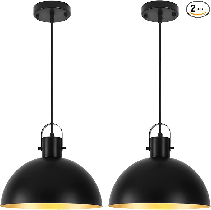 Black Pendant Light 2 Pack, 11.8 Inch Pendant Lights Kitchen Island, Dome Pendant Lights, Farmhouse Pendant Light for Kitchen Island, Dining Room, Living Room