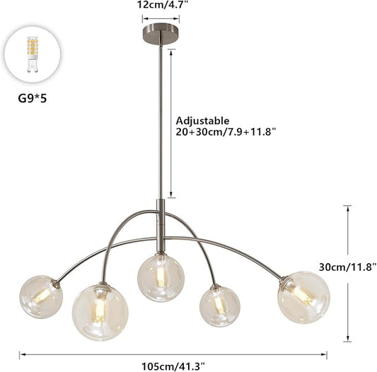 Mid Century Modern Sputnik Chandelier with Glass Globe Cognac Shade Adjustable 5 Light Silver Chandelier for Dining Room Kitchen Bedroom