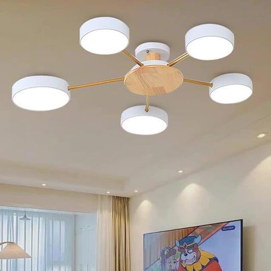 5-Lights LED Ceiling Light Fixture,32 Inch Modern Ceiling Lights Flush Mount Wooden 40W Dimmable Chandelier for Living Room Bedroom Kitchen,3000K/4000K/6000K White