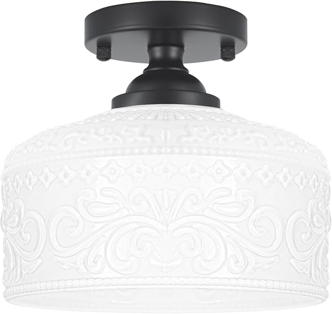Daunton Artistic Black Handcrafted Semi Flush Mount Ceiling Light - 9.45 Inch Vintage White Glass Shade with Etched Patterns, Easy Install, Small Ceiling Light Fixture for Hallway, Kitchen, Bedroom