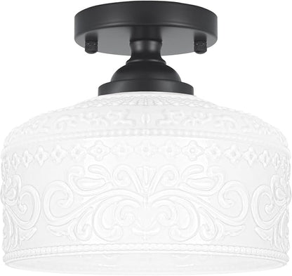 Daunton Artistic Black Handcrafted Semi Flush Mount Ceiling Light - 9.45 Inch Vintage White Glass Shade with Etched Patterns, Easy Install, Small Ceiling Light Fixture for Hallway, Kitchen, Bedroom