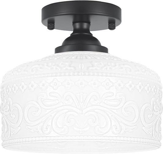 Daunton Artistic Black Handcrafted Semi Flush Mount Ceiling Light - 9.45 Inch Vintage White Glass Shade with Etched Patterns, Easy Install, Small Ceiling Light Fixture for Hallway, Kitchen, Bedroom