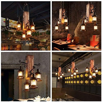 Wood Retro Pendant Lighting Industrial Vintage Chandelier Black Metal Bedroom Restaurant Suspension Lamp Cage Frame with Glass Shade House Loft Bar Coffee Decoration Ceiling Lights Fitting, E27