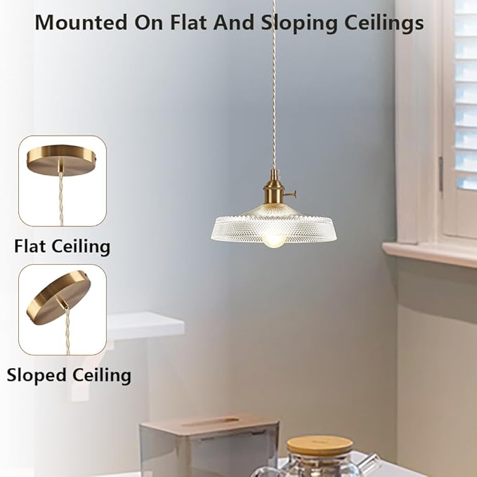 Vintage Mini Pendant Light Fixtures, 9 Inch Glass Kitchen Island Light Fixtures Brass Light Cord Pendant Lights Hanging Light for Living Room Bedroom Hallway Dining Room E26