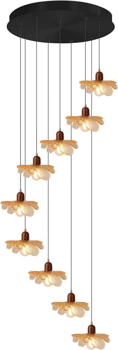 9-Light Amber Glass Chandelier for High Ceilings, Modern Long Flush Mount Lighting Fixture for Spiral Staircase, Foyer, Entryway, Living Room, Stairwell Hanging Chandelier