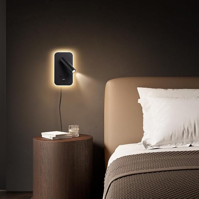 Wall Mounted LED Reading Light for Bed Headboard, Bedside Wall Sconces USB Charging, Night Light for Bedroom, Ambient Lighting Wall Mounted Sconce for Bedroom, Plug-in or Hardwired, Black