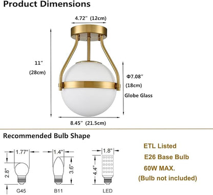 HOLKIRT Modern Light Fixture,Mid Century Semi Flush Mount Ceiling Light,Kitchen Light Fixtures Hallway Light Fixtures Ceiling,Brass Globe Ceiling Light Bedroom with Opal Glass 7Inch/18CM