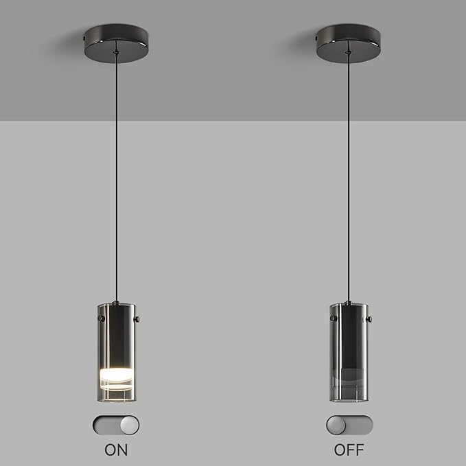 Black Pendant Light Fixtures, Adjustable Modern LED Smoky Gray Glass Pendant Lights for Kitchen Island, Single Hanging Pendant Lighting for Dining Table Hallway Bedroom Living Room(2-Pack)