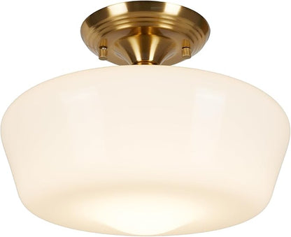 Schoolhouse Style Semi Flush Mount Ceiling Light Fixture, 12" Modern Gold Hallway Ceiling Lamp with Opal Milk Glass Shade Brass, Farmhouse Globe Light for Bedroom Kitchen Hallway Entryway Laundry