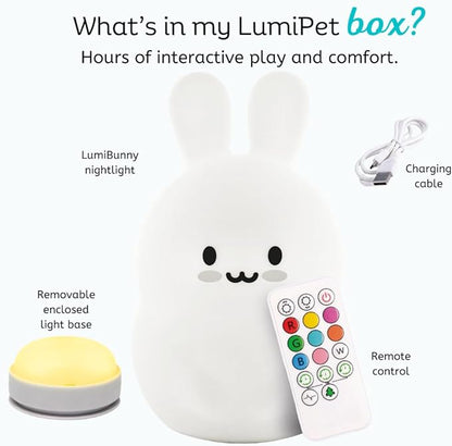 Lumipets Baxter The Bunny Squishy Night Light for Kids | Silicone Lamp with Tap & Remote Control | Rechargeable Color Changing Animal Night Light for Boys & Girls | Portable Nightlight with USB Cord