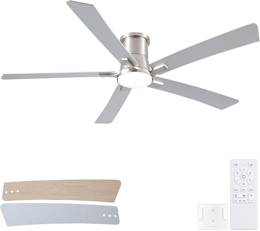 60 Inch Ceiling Fans with Lights and Remote, Nickel Low Profile Ceiling Fan, Flush Mount Style with 5 Blades, For Indoor Bedroom Living Room/Outdoor, 6 Speed Reversible DC Motor, 3CCT Dimmable LED