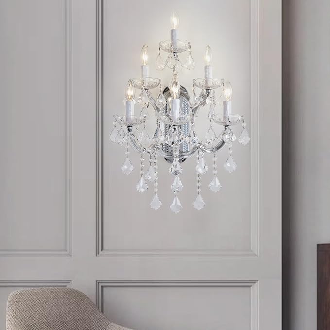 Large Modern Crystal Wall Lamp - 6 Lights Maria Theresa Wall Chandelier Light Fixtures, Chrome Wall Mounted Sconce for Hotel, Living Room, Hall, Lobby