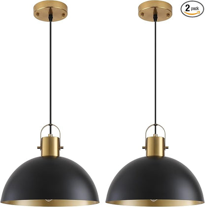 Black and Gold Pendant Light 2 Pack, 11.8 Inch Pendant Lights Kitchen Island, Dome Pendant Lights, Farmhouse Pendant Light for Kitchen Island, Dining Room, Living Room