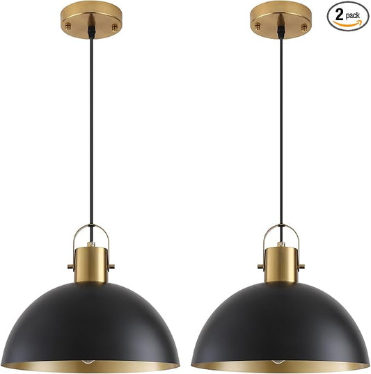 Black and Gold Pendant Light 2 Pack, 11.8 Inch Pendant Lights Kitchen Island, Dome Pendant Lights, Farmhouse Pendant Light for Kitchen Island, Dining Room, Living Room