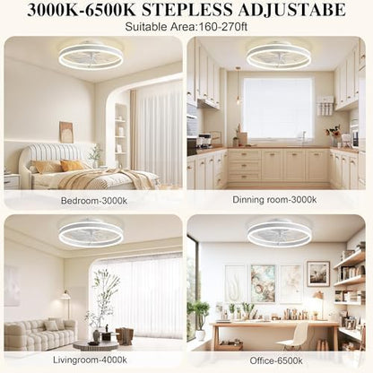 Ceiling Fans with Lights and Remote Fandelier 20''- Low Profile Modern - Flush Mount Ceiling Fans for Bedroom,Stepless Color Temperature and 6 Speeds - White
