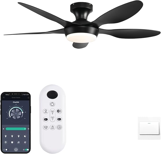 GJeg Ceiling Fan with Lights, 46 Inch Low Profile Ceiling Fan with Light and Remote Control, Flush Mount, 6 Speeds Reversible, Dimmable Noiseless Ceiling Fans for Bedroom, Black