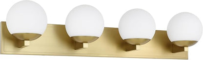 Gold Bathroom Vanity Light Fixtures, 4-Light Globe Bathroom Lighting Fixtures Over Mirror, Modern Wall Lights for Living Room, Long Backplate, Standard E26 Base, Aged Brass