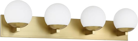 Gold Bathroom Vanity Light Fixtures, 4-Light Globe Bathroom Lighting Fixtures Over Mirror, Modern Wall Lights for Living Room, Long Backplate, Standard E26 Base, Aged Brass