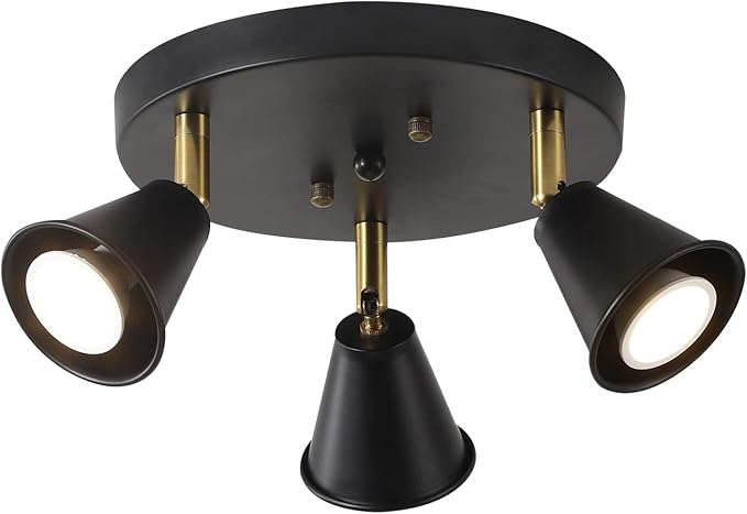3-Light Industrial Directional Track Lighting, Adjustable Round Ceiling Spotlight, Morden Black Flush Mount Kitchen Light for Kitchen,Hallway,Dining Room,Porch,Office.Gu10 Bulbs Included