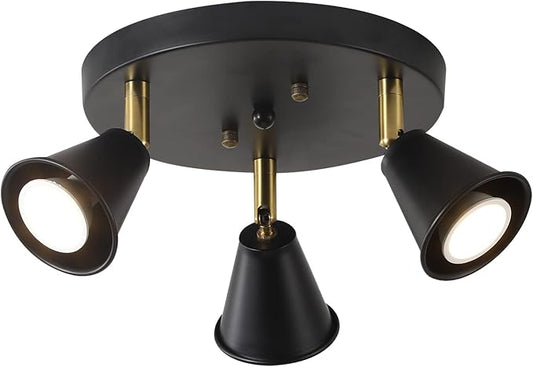 3-Light Industrial Directional Track Lighting, Adjustable Round Ceiling Spotlight, Morden Black Flush Mount Kitchen Light for Kitchen,Hallway,Dining Room,Porch,Office.Gu10 Bulbs Included
