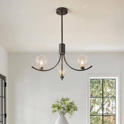 3-Head Black Modern Chandelier with 3 Clear Glass Globe Bulbs, Chandelier, Elegant Lamps with Black Accents, Ceiling Light for Living Room Kitchen Island Bedroom Entryway