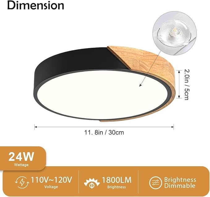 Modern Dimmable Wood Ceiling Light, Minimalist LED 5CCT 2700K-6000K Flush Mount Ceiling Light Fixture, Round Lighting Lamp for Bedroom, Laundry Room, Hallway, Entryway, Black, 11.8"