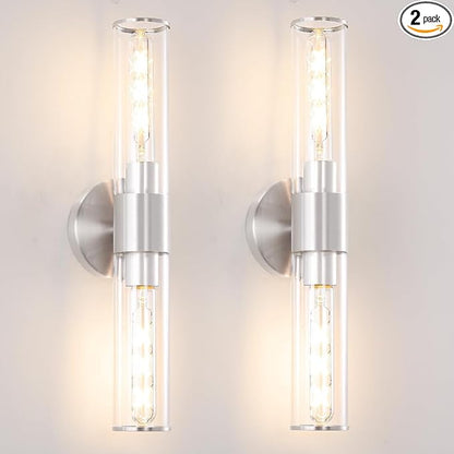 Brushed Nickel Wall Sconces Set of 2 (Hardwired Only), Bathroom Vanity Light Fixtures, Modern Cylinder Glass Wall Lights for Mirror 28-40 in Height, NOT Battery Operated, E26 Base (Bulbs Not Included)