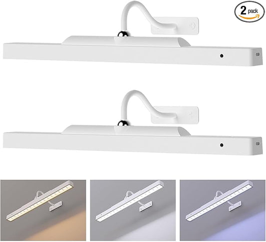 Cordless White Picture Lights for Wall Artworks - Wireless Remote, 3 Modes Dimmable 350LM Above Frame Lighting, 5000mAh Rechargeable Battery Wall Mount for Photo, Gallery,Paintings,Dartboard(2-Pack)