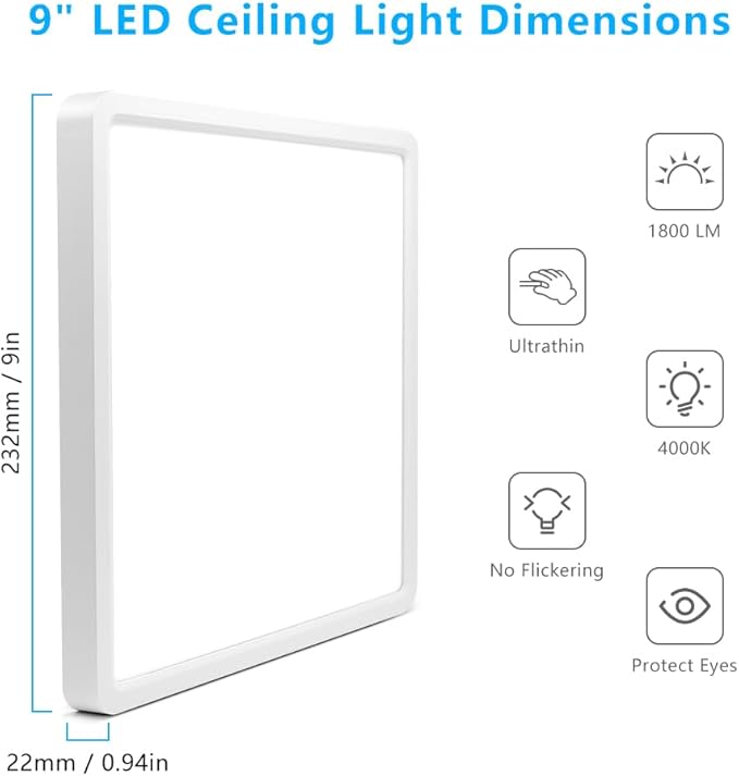 9Inch 18W Square LED Ceiling Light Fixtures Flush Mount, 4000K Natural White LED Ceiling Lamp, Surface Mount Modern Ceiling Lights, Slim Flat Panel Lighting for Bedroom, Kitchen, Bathroom Etc.