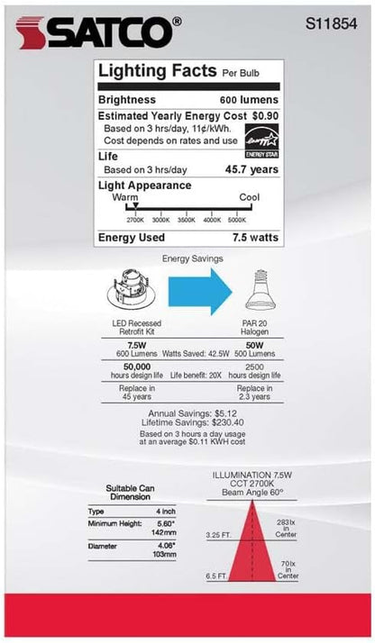 Satco LED Retrofit Gimbal Downlight, CCT Selectable 2700K/3000K/3500K/4000K/5000K, 4 Inches, Black Finish