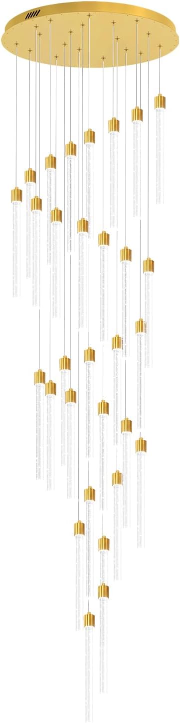 177'' Long Crystal Column Chandelier Gold 30-Lights Extra Large High Ceiling Chandelier Dimmable Pendant Lighting Staircase Foyer Entryway Light Source is Replaceable