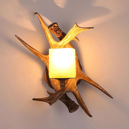 Fashion Retro Resin Antler Wall Light Sconce Frosted Glass Shade Wall Lantern American Country Style Wall Lamp Restaurant Bar Cafe Decor Lighting Indoor and Outdoor