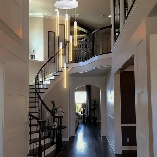Luxury 6-Light Silver Bubble Crystal Column Chandelier, Dimmable LED Adjustable Height Pendant Light for Kitchen Island, Living Room, Foyer, Staircase