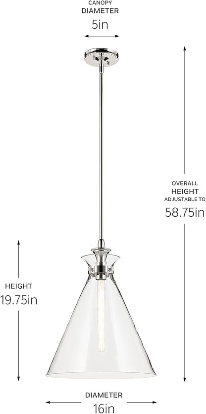 Kichler Laria 1-Light Pendant Light Fixture with Clear Glass in Polished Nickel, Kitchen Island Hanging Light for Traditional Spaces, Sloped Ceiling Compatible (19.75" x 16"), 52775PNCLR