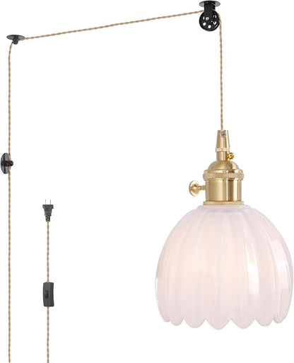 Shenmoyl Plug in Pendant Light Hanging Light Fixture Corded On/Off Switch Brass Pendant Light with White Tulip Glass Lampshade for Bedroom Living Room Kitchen Island