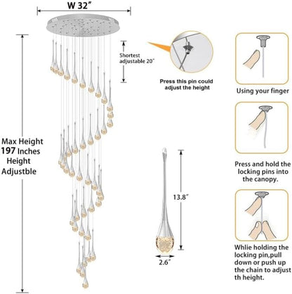 ykolupty 197inches Large Chandeliers for High Ceilings Silver Chandeliers for Entryway High Ceiling Pendant Lights Crystal Drop Light for Living Room Foyer Hallway Staircase