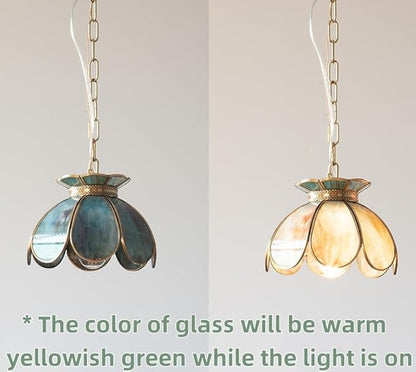 Brass Glass Ceiling Pendant Light, Hanging Chain Lamp, with Vintage Lotus Flower Blue Green Glass Shade for Kitchen Island Dining Room Bedroom Living Room - 7.9" Shade